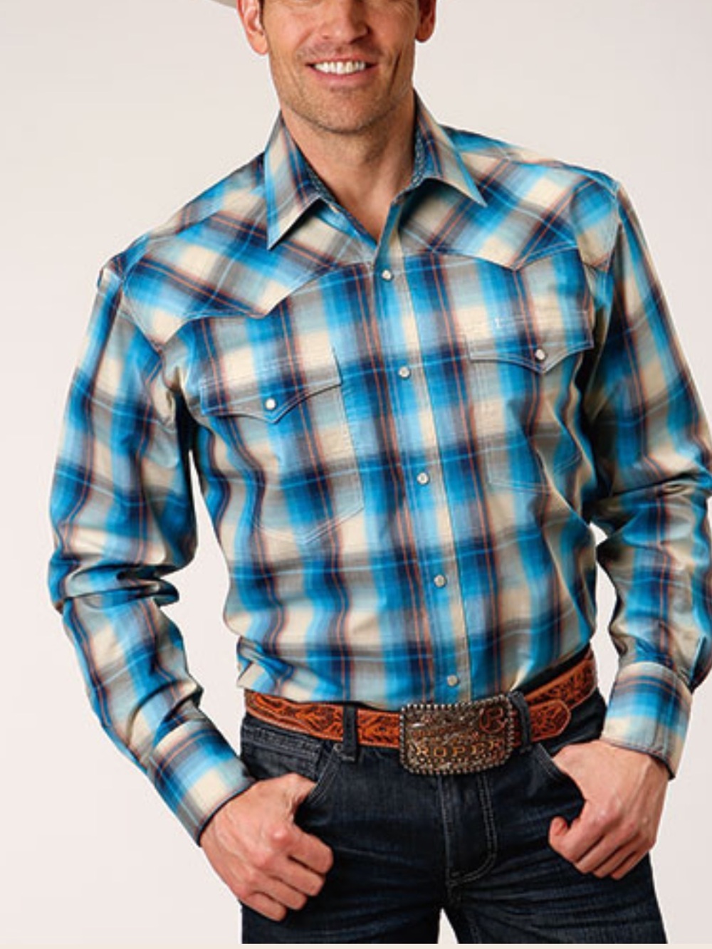 Roper Wear The West Blue Plaid Pearl Snap Western Shirt XLT Extra Large Tall